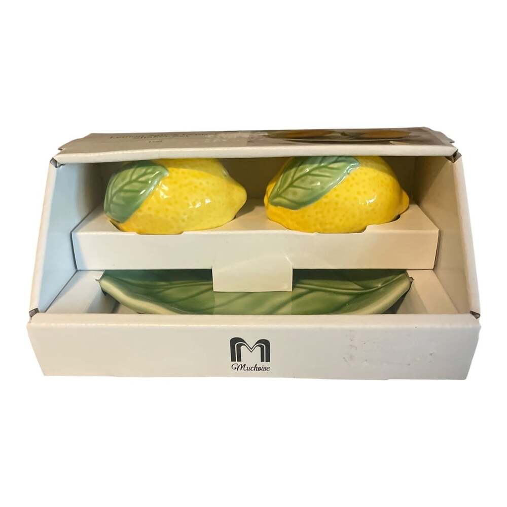 Muchoise Lemon Salt & Pepper Shaker Set 3-Piece Stoneware with Tray